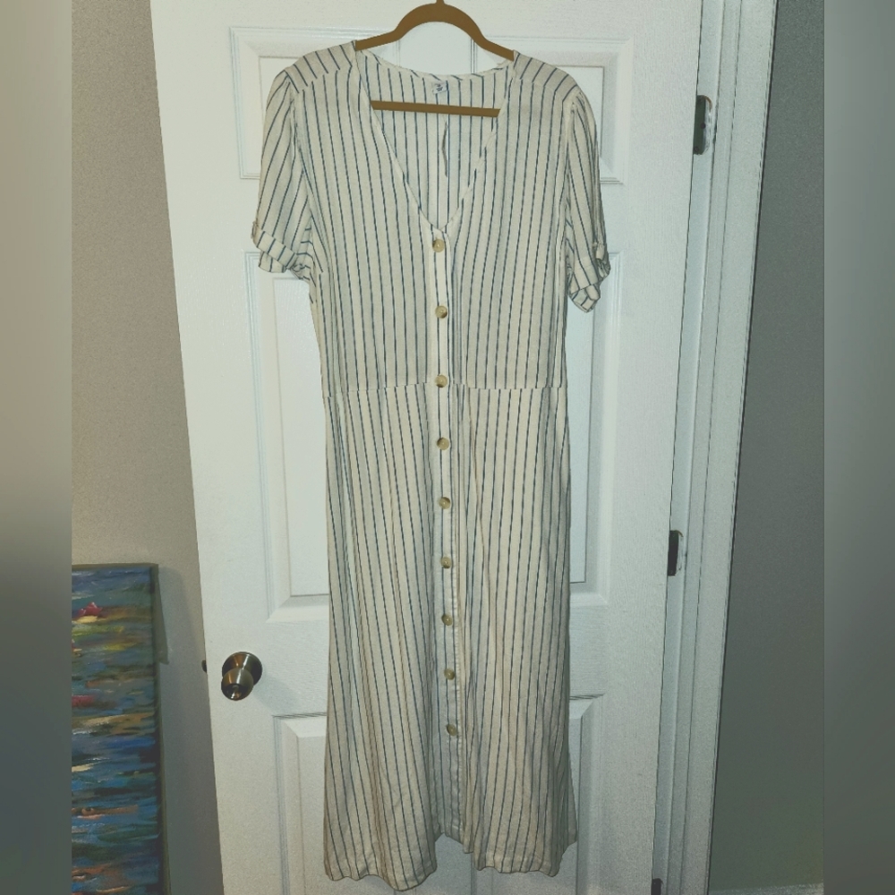 NWT Old Navy cream w/ blue pinstripe button front linen blend a-line midi dress.